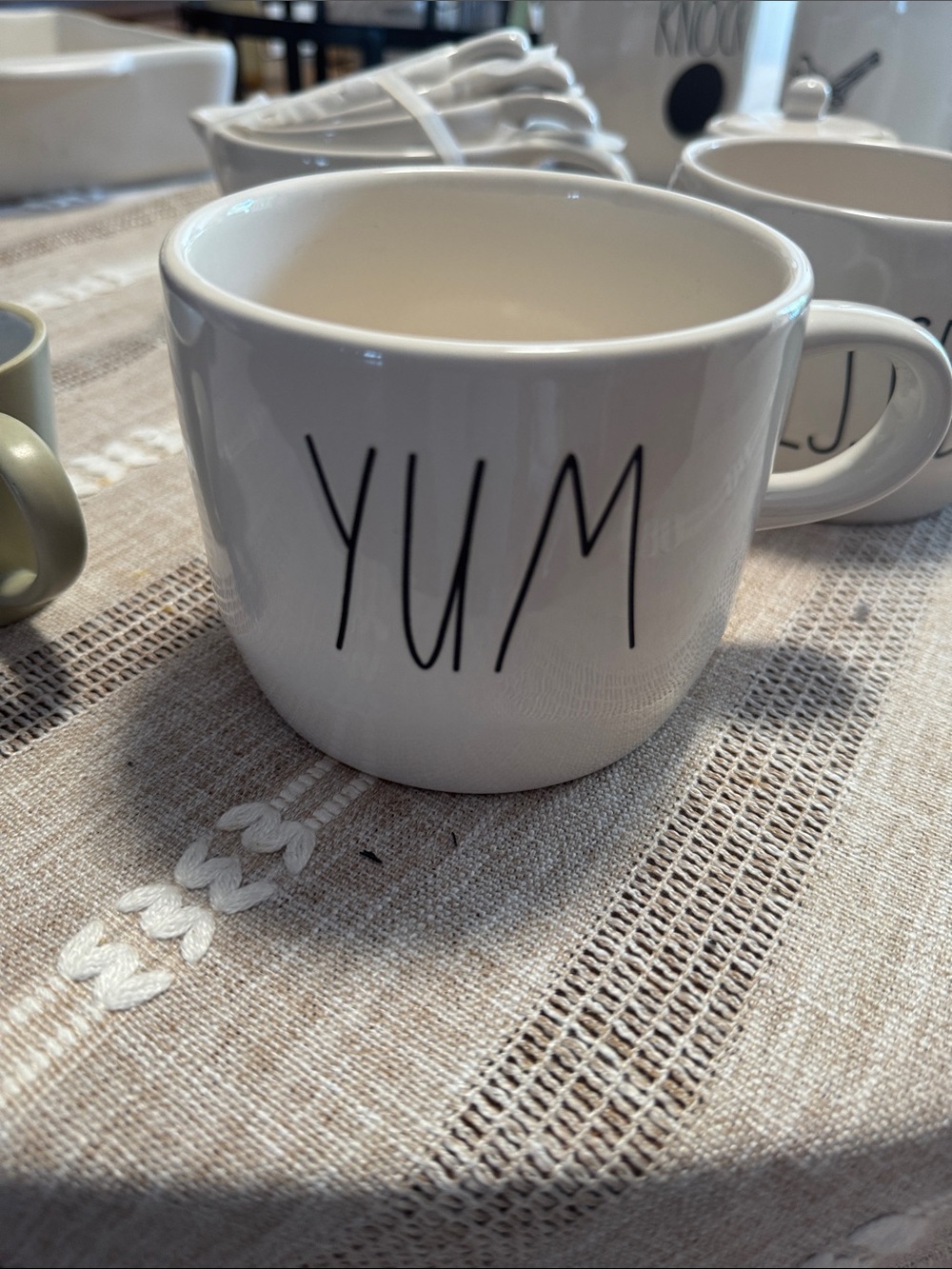 Rae Dunn White Ceramic Mug with Black 'YUM' Lettering